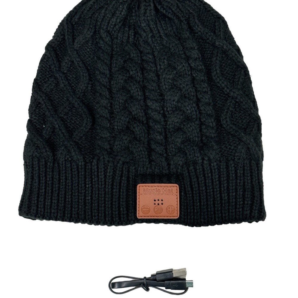 Wireless Bluetooth Beanie Hat Braided Black Stereo Speakers Microphone Fleece - Picture 4 of 8